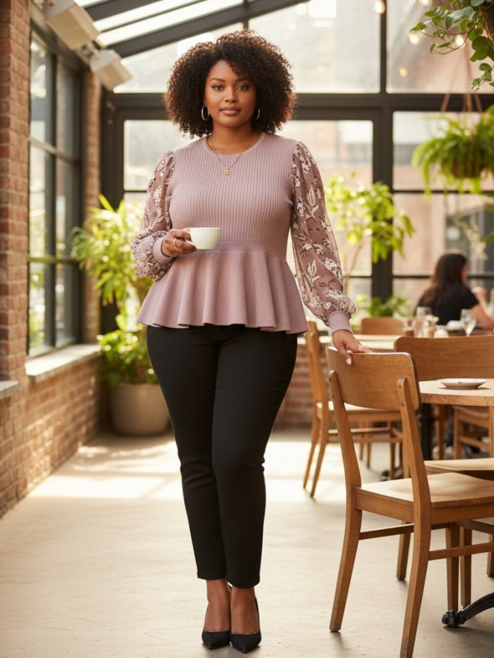 Sweet Halo Womens Mauve Peplum Ribbed Knit Floral Sleeve Sweater XL